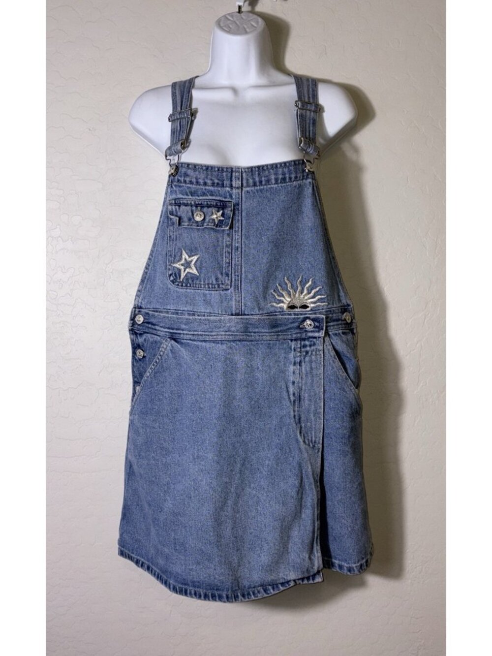 VTG Y2K Kikomo Celestial Star Sun Embroidered Denim Overall Dress Light Wash L